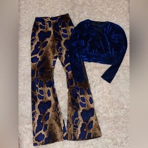 AKIRA Two- Piece Set Animal Print Pants and Royal Satin Blue Top